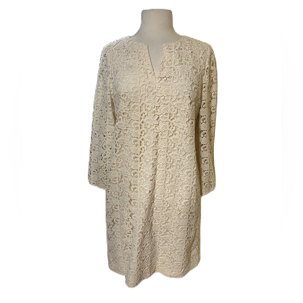 Talbots Lace Overlay Off White Shift Dress Size 8 poetic Feminine Ethereal READ